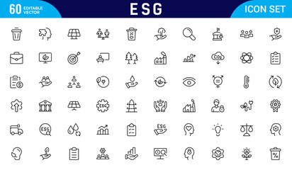 ESG icon Outline set. Environmental, Social, and Governance line icon. ESG outline icons collection. Includes Sustainability, Solar Panel. Thin outline icons pack. Vector illustration