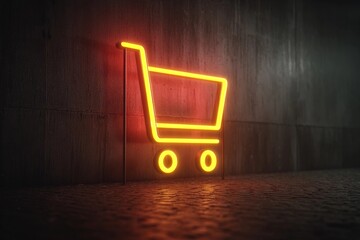 Neon shopping cart sign glowing on a dark wall late at night in an urban area