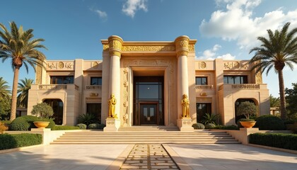 Obraz premium Luxurious mansion in Egyptian style. Modern home exterior with sandstone walls golden statues and columns. Architecture design with palm trees and blue sky. Travel and tourism concept.