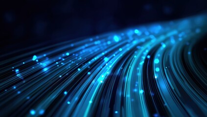 Digital data transferring through abstract optical fiber lines, representing global network connectivity and digital technology