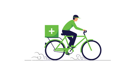 Fototapeta premium Pharmacy delivery service with a courier riding a green bicycle to deliver medicine in a box with a medical cross symbol.