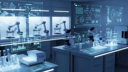 Futuristic laboratory with holographic displays and robotic arms in blue neon lighting for scientific research and development.