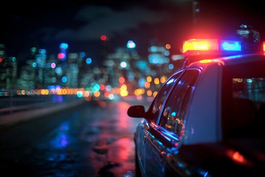 Police car with flashing lights stops in city at night with colorful lights and reflections on the wet road