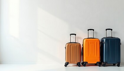 Suitcases stand in row. Three colorful baggage items for journey against a white wall. Travel concept with luggage ready for vacation. Tourist bag. Prepare for travel. Trip preparation.