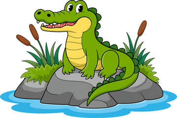 Cute cartoon alligator on a rock. Great for children books and educational material.