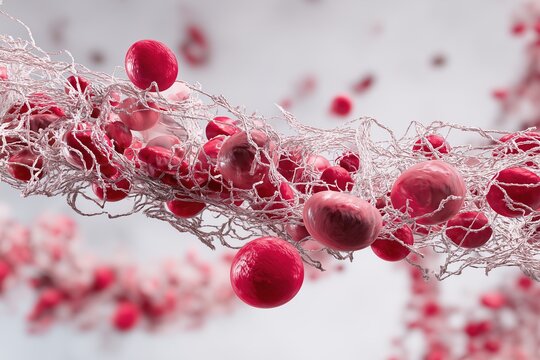 Red blood cells trapped in a complex white fibrous fibrin mesh network