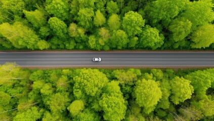 White car driving on asphalt road through dense green forest, top down drone view capturing the journey and nature