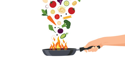 Hand holding a flaming frying pan with fresh vegetables and pasta flying into it, representing healthy cooking and stir-frying.