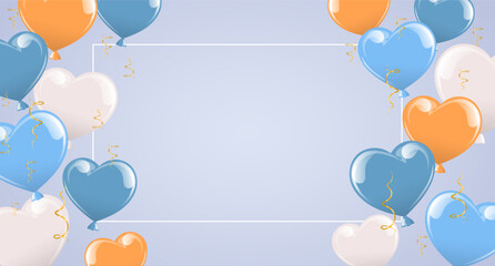 Heart Balloons Frame with Confetti on Pastel Background. Festive banner.