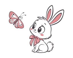 Sweet Bunny Watching a Pink Butterfly. Line art illustration.
