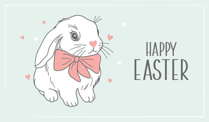 Happy Easter Greeting Card with Adorable Bunny with Pink Bow. Festive banner.