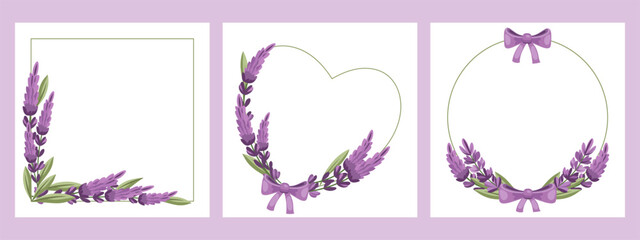Lavender Floral Frames Collection with Heart, Circle, and Corner Designs. Set of Floral Background.
