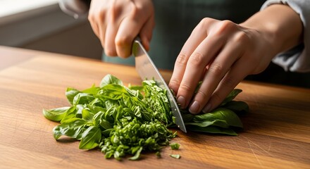 Chef chopping fresh green herbs on wooden board