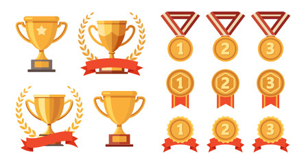 Collection of gold awards, trophies and medals with ribbons for achievements. 
