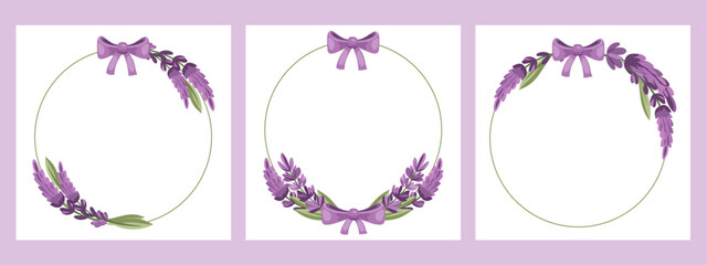 Set of Lavender Floral Wreath Frames with Purple Bows. Set of Floral Background.