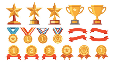 Collection of gold awards, trophies, stars and medals with ribbons for achievements. Set of award icons.