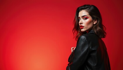 Woman poses in black leather jacket. Stylish model with bright make up. Girl looks over shoulder against red studio background. Fashion shoot of young female wearing trendy clothes.