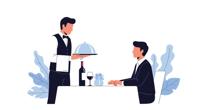Elegant waiter in a formal vest and bow tie serving a meal under a cloche to a well-dressed man at a restaurant table.