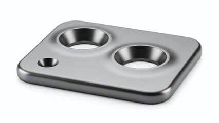 Sleek silver smartphone camera module with dual lenses and flash isolated on white background.