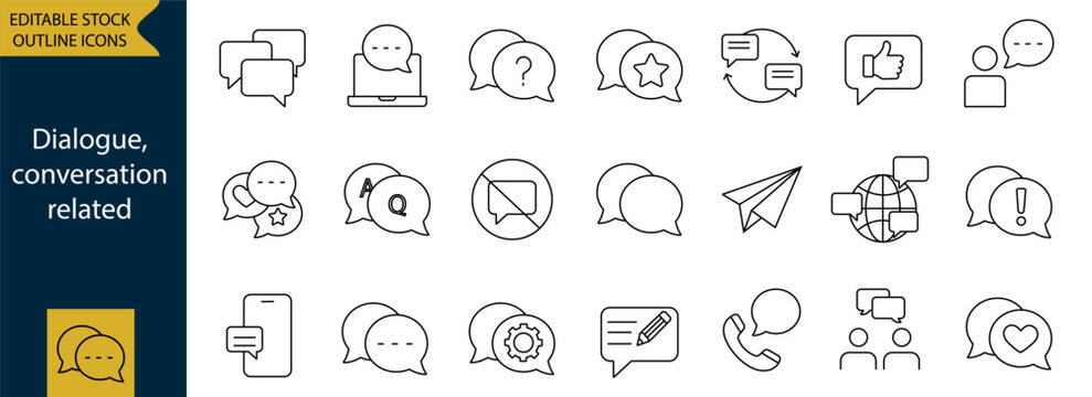 Dialogue, conversation or chatting related editable stroke outline icon set.