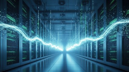 Server room with glowing blue energy waves in futuristic digital lighting for data center technology.