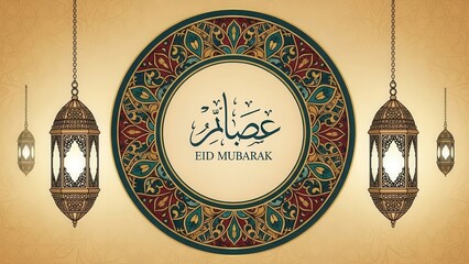 Celebrating eid mubarak with ornate decorations and hanging lamps