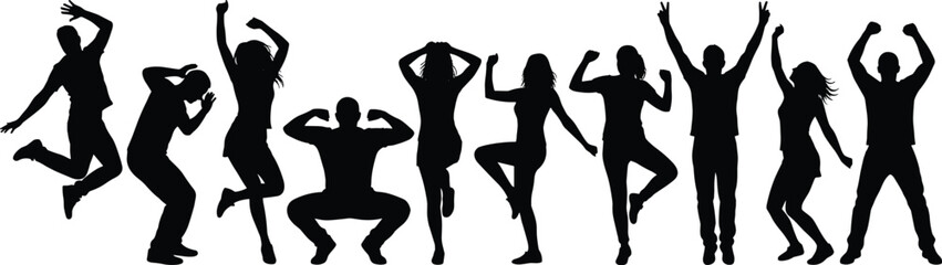 Joyful People Silhouettes Set Showing Dance Jump Celebration Poses Party Lifestyle Vector Collection © Hanif World
