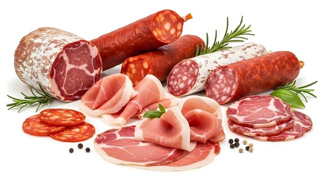 Variety of cured meats and sausages.