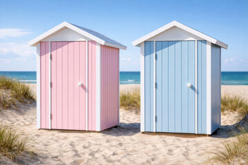 A pink and a light blue wooden changing room on a Baltic Sea beach.