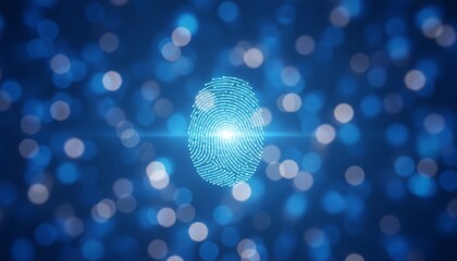 Digital fingerprint icon glowing at the center of a blue background, representing biometric security, personal identity verification, and protecting sensitive data