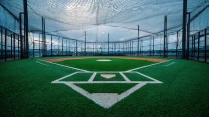 Indoor Baseball Field with Artificial Turf and Protective Netting for Training and Practice