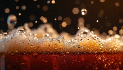 Dark fizzy drink close up bubbles foam detail. Refreshing soda pop with gas bubbles. Cold beverage in glass. Macro shot sparkling water with froth for banner.