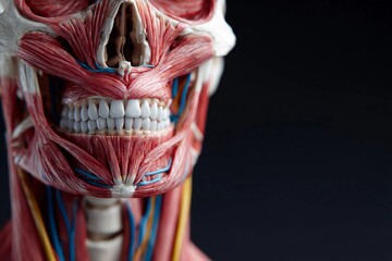 Detailed view of human skull and facial muscles with focus on teeth and neck structures at a science exhibition