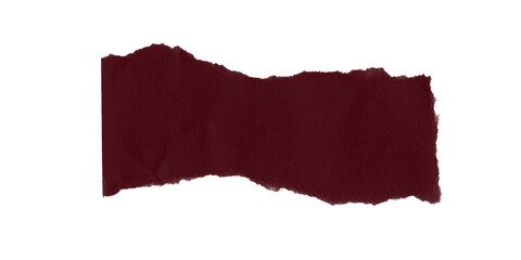 Isolated torn dark red paper piece with rough, textured edges on black