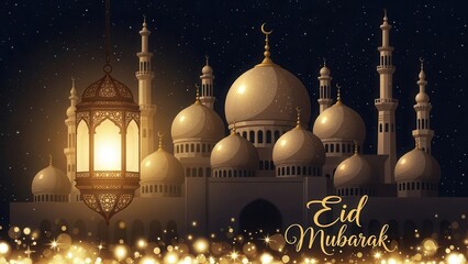 Illuminated mosque celebrating eid mubarak