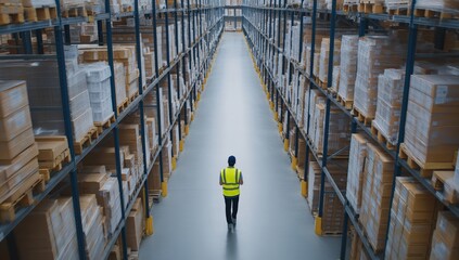 Worker wearing a high-visibility vest walking through a modern warehouse aisle filled with shelves holding boxes and pallets