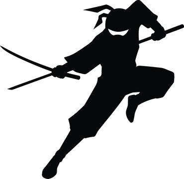 Ninja warrior silhouette holding double swords in dynamic jumping combat stance