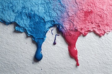 Watercolor paint flows down the textured paper in blue and pink tones during an art session at a home studio