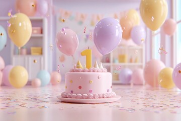 Celebration scene with birthday cake and colorful balloons in a decorated room for a young child's first birthday