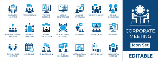 Corporate meeting and business communication icon set featuring video conference, team huddle, virtual meeting, webinar, brainstorming, workshop, and professional seminar symbols.