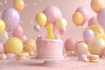Celebration of a first birthday with a pink cake and colorful balloons in a festive setting