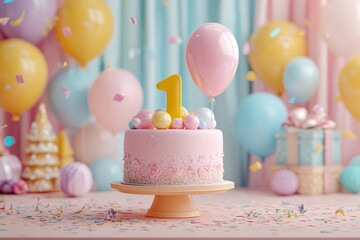Birthday celebration with a pink cake, balloons, and decorations for a first birthday party in a colorful setting