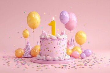 Celebration for a first birthday with a pink cake, balloons, and colorful decorations in a cheerful party setting