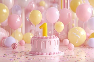 Birthday celebration with a pink cake and balloons for a one-year-old child