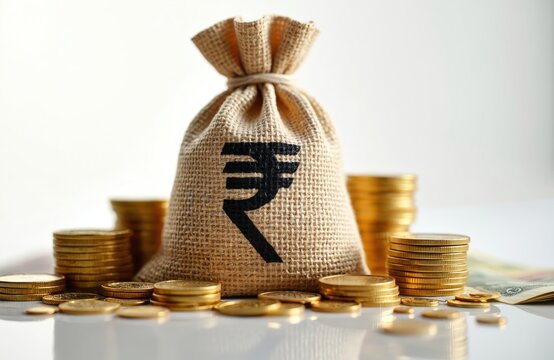 Illustration of Indian rupee symbol on burlap money bag with gold coins. Wealth financial concept. Stacks of golden currency near the bag full of money on white background.