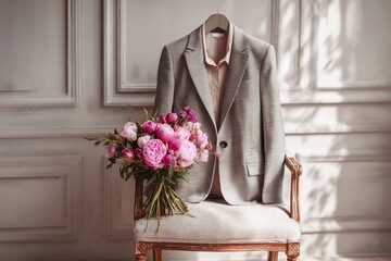 Stylish jacket and bouquet of flowers displayed on a chair in a bright indoor setting during daylight