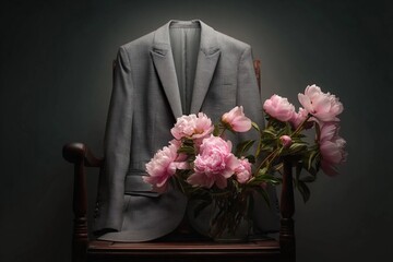 Jacket and pink flowers on a wooden chair in a dark setting show a blend of fashion and nature in a simple arrangement