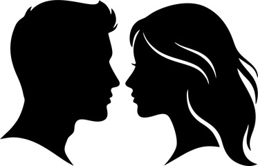 Male and Female Heads Facing Each Other Silhouette, Man and Woman Profiles in Black, Romantic Calm Intimate Moment, Relationship Communication and Love Concept Vector.