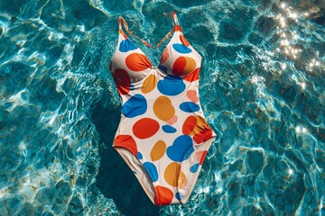Swimsuit floating in clear water on a sunny day in a swimming pool with colorful patterns