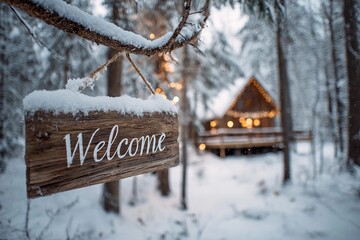 Winter cabin welcome sign hanging from tree branch in snowy forest with lights on cabin in the background during evening time